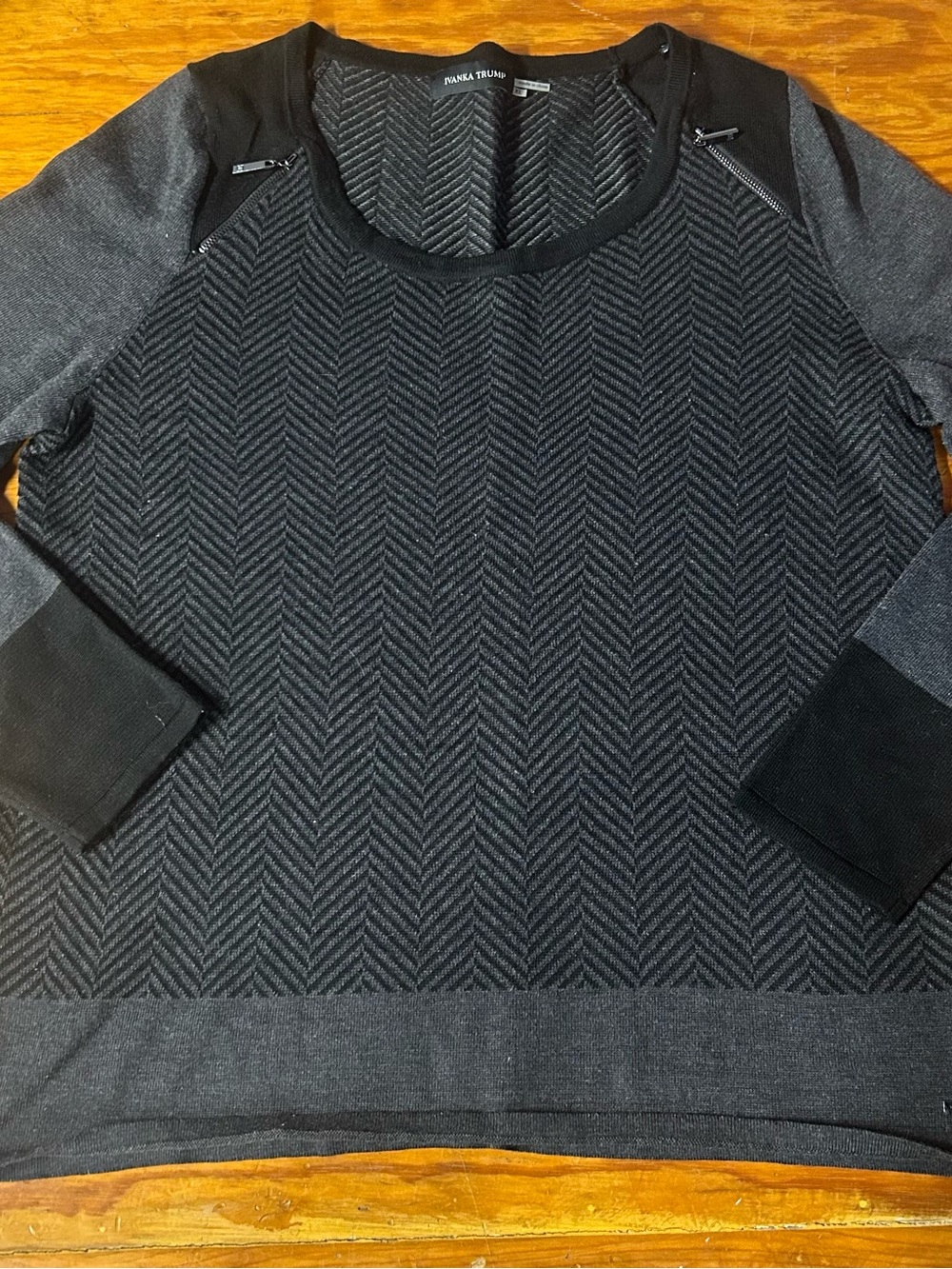 Ivanka Trump Black & Charcoal Chevron-Texture Pullover Shoulder Zipper Detail
